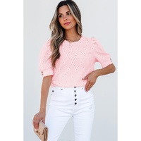 Pink Flower Geometric Textured Button Short Sleeve Top - XL thumbnail