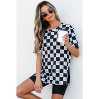 Black Western Fashion Checkerboard Print Side Split T Shirt - L thumbnail