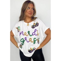 White Mardi Gras Tinsel Sequin Graphic T Shirt - L thumbnail