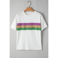 White Sequin Stripes Patchwork Mardi Gras Crew Neck T Shirt - XL thumbnail