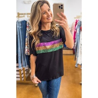 Black Sequin Stripes Patchwork Mardi Gras Crew Neck T Shirt - S thumbnail