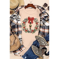 Khaki Nutcracker Bow Christmas Wreath Crewneck Printed T Shirt - XL thumbnail