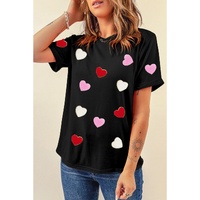 Black Valentines Chenille Heart Patched Pattern Crewneck Tee - S thumbnail