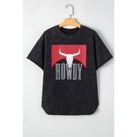 Black Western HOWDY Steer Head Print Side Slits Loose Fit T Shirt - S thumbnail