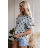 Gray Star Print Tiered Ruffled Sleeve Crew Neck T Shirt - S thumbnail