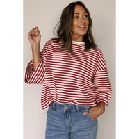 Red Stripe Bowknot Cutout Back Drop Shoulder Wide Bracelet Sleeve Loose Tee - XL thumbnail