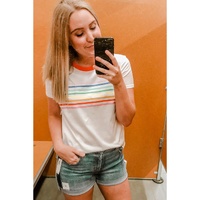White Rainbow Stripe Print Contrast Crewneck T Shirt - S thumbnail