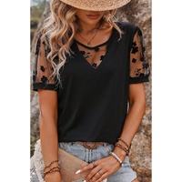 Black Flora Lace Patchwork Crew Neck T Shirt - S thumbnail