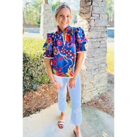 Blue Abstract Print Frilled Collar Ruffled Puff Short Sleeve Top - L thumbnail