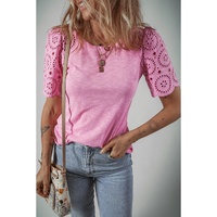 Pink Eyelet Embroidery Scalloped Sleeve Round Neck T Shirt - M thumbnail