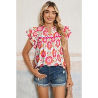 Rose Floral Ruffled Sleeve Ric-rac Trim Split Neck Loose Blouse - L thumbnail