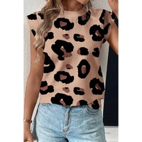 Khaki Leopard Crew Neck Cap Sleeve Casual Tee - L thumbnail