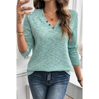 Moonlight Jade Buttoned V Neck Textured Knit Long Sleeve Top - 2XL thumbnail