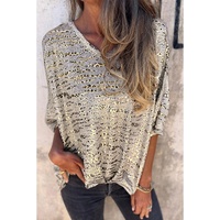 Gray Leopard Print Half Sleeve V Neck Loose Fit T Shirt - L thumbnail
