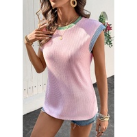 Pink Color Block Corded Knit Crew Neck Tee - L thumbnail