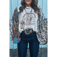 Multicolour Asymmetric Printed Patchwork Sleeve Peace Desert Graphic Top - M thumbnail