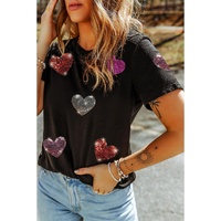 Black Sequin Heart Patched Pattern Crewneck Valentines Tee - S thumbnail
