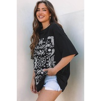 Black Paisley Print Crew Neck Loose Fit Tunic Tee - S thumbnail
