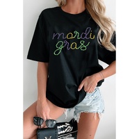 Black Rhinestone Mardi Gras Letter Graphic T Shirt - S thumbnail