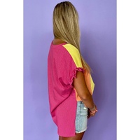 Rose Red Color Block Ruffled Crew Neck Loose Fit T Shirt - S thumbnail