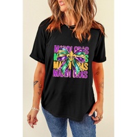 Black MARDI GRAS Fleur de Lis Bowknot Printed Crewneck Tee - XL thumbnail