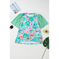 Green Floral Print Eyelet Embroidered Short Sleeve Crew Neck Top - M thumbnail
