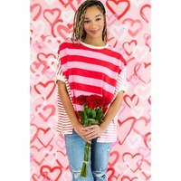 Pink Stripe Patchwork Round Neck Side Split Loose T Shirt - S thumbnail