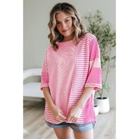 Pink Stripe Color Block Patchwork Loose Half Sleeve T Shirt - L thumbnail