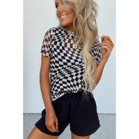 Black Checker Mesh Crew Neck T Shirt - L thumbnail