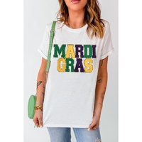 White Chenille MARDI GRAS Patched Graphic T Shirt - M thumbnail
