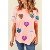 Pink Sequin Valentines Lettering Heart Patched Crewneck T Shirt - S thumbnail
