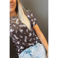 Black Western Pattern Mesh Sheer Crew Neck T Shirt - L thumbnail