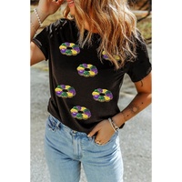 Black Sequined Mardi Gras Pattern Crew Neck Short Sleeve Top - 2XL thumbnail