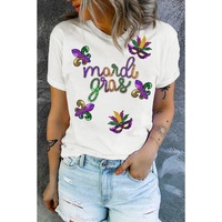 White Sequin Mardi Gras Pattern Graphic Crew Neck Tee - 2XL thumbnail