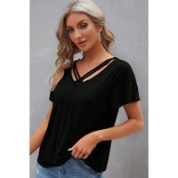 Black Crisscross V Neck Butterfly Sleeve T Shirt - S thumbnail