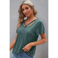 Mist Green Crisscross V Neck Butterfly Sleeve T Shirt - L thumbnail
