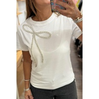 White Rhinestone Bow Embellished Round Neck Tee - S thumbnail