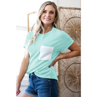 Light Blue Corded Knit Color Block Pocketed Crew Neck T Shirt - M thumbnail
