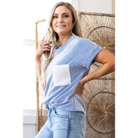 Dark Blue Corded Knit Color Block Pocketed Crew Neck T Shirt - S thumbnail