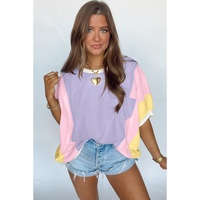 Purple Color Block Patchwork Half Sleeve Oversized T Shirt - L thumbnail