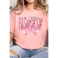 Pink Floral AMEN Bow Graphic Crewneck T Shirt - L thumbnail
