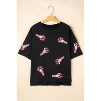 Black Sequin Crayfish Graphic Drop Sleeve High Low Tee - L thumbnail