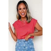 Red Stripe Ribbed Cap Sleeve Round Neck T Shirt - L thumbnail