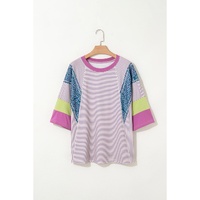 Purple Stripe Floral Color Block Raw Edge Patchwork Bracelet Sleeve Blouse - L thumbnail