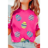 Rose Red Sequin Easter Egg Graphic Casual T Shirt - M thumbnail