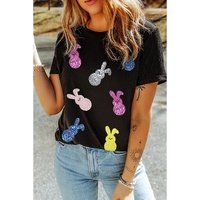 Black Sequin Bunny Doll Graphic Easter Day T Shirt - M thumbnail