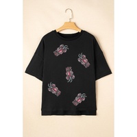 Black Sequin Crawfish Graphic High Low Loose T Shirt - S thumbnail