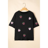 Black Sequin Strawberry Graphic High Low Relaxed Fit Tee - XL thumbnail