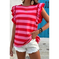 Red Stripe Flutter Sleeve Round Neck T Shirt - XS thumbnail