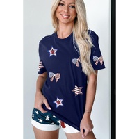Blue Sequin USA Flag Bow Star Graphic Crewneck T Shirt - S thumbnail